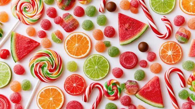 Colorful assortment of fruit slices, lollipops, candy canes, and gummy drops
