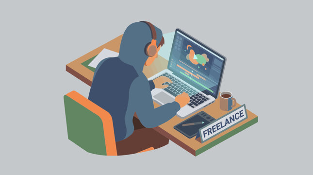 Freelance Motion Graphics Artist Rendering Animation on Powerful Laptop