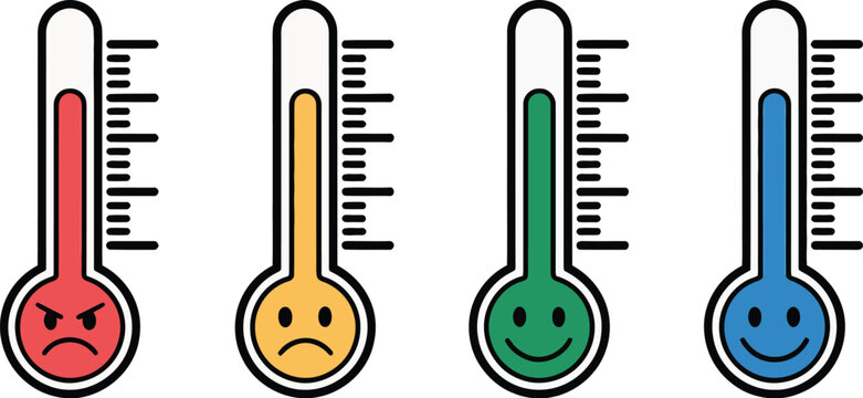 Emotion thermometers, four feeling levels showing mood changes from unhappy to happy for feedback and education.
