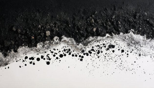 Abstract, textured surface with dark granular matter meeting a white expanse