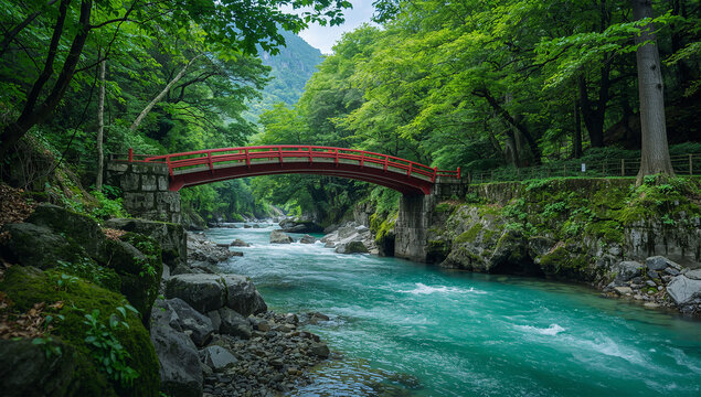 新緑の渓谷に架かる赤い橋と透明な清流