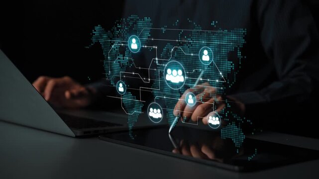 Hands on Laptop with Digital Network Connections and Global Map Overlay Representing Communication and Collaboration Technology. Entropy.
