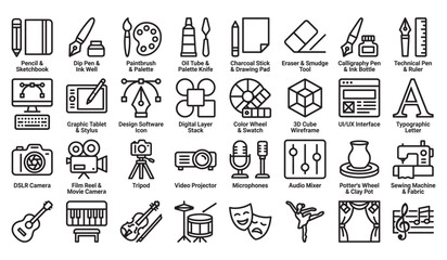 Fototapeta premium Art Design Music Craft Hobbies Outline Icons Set Vector Graphics