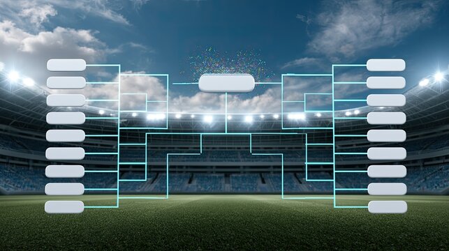 Tournament bracket diagram displayed over a stadium's playing field