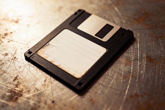 Vintage floppy disk on scratched metal surface