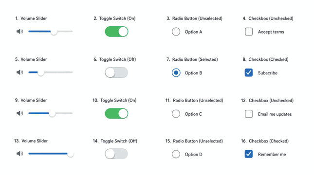 Collection of user interface elements including volume sliders, toggle switches, radio buttons, and.