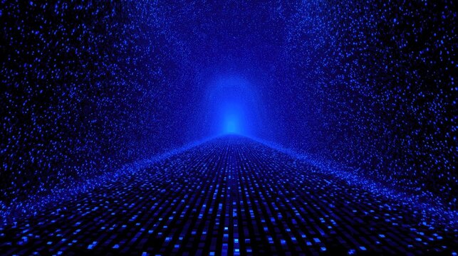 Blue digital tunnel of light and particles, receding into a bright abyss