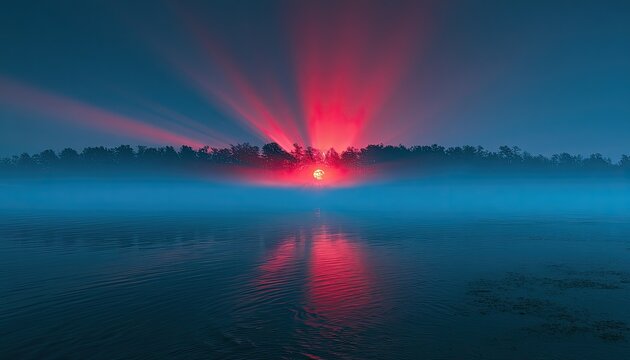 Fiery sunrise pierces misty horizon over tranquil water, creating stark reflections