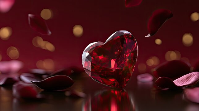 A faceted ruby heart gemstone surrounded by falling rose petals and bokeh lights