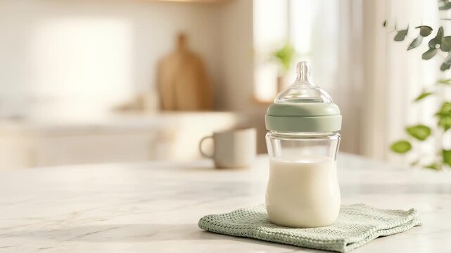 Baby bottle with milk standing on a marble kitchen table. Glass feeding bottle for infant nutrition in a home interior. Healthy childcare concept at home.
