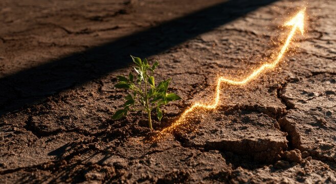 A tiny plant sprouts from cracked earth, embraced by a glowing arrow of light