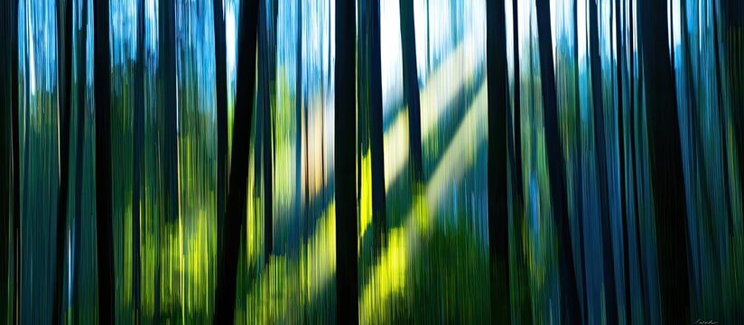 Streaks of light and shadow dance through an abstract forest