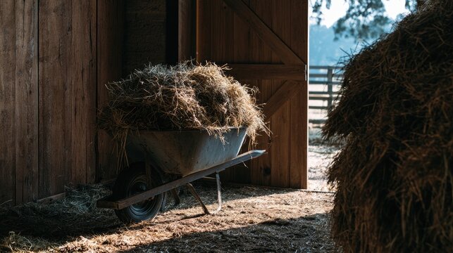 A rustic barn interior with a wheelbarrow overflowing with hay