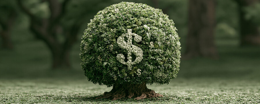 A compelling magazine cover photo showing the long-term wealth-building potential of index funds, using an image of a growing tree with dollar signs as leaves, symbolizing steady growth.