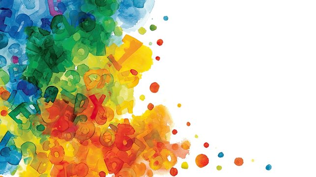 Vibrant abstract of watercolor splashes with overlapping letters and numbers