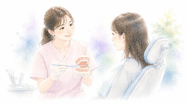 歯科医院で女性歯科衛生士が患者に歯の模型を使って歯磨き指導をする水彩画イラスト