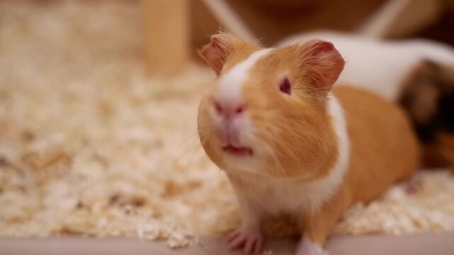 Cute ginger and white guinea pig eating in its enclosure with another pig in the background