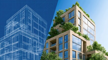 Obraz premium Blueprint transforms into a modern, green building with abundant natural light