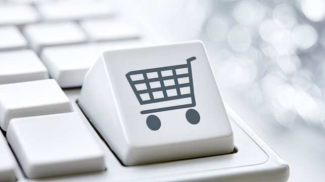 A close-up, shallow depth of field shot of a shopping cart icon on a keyboard