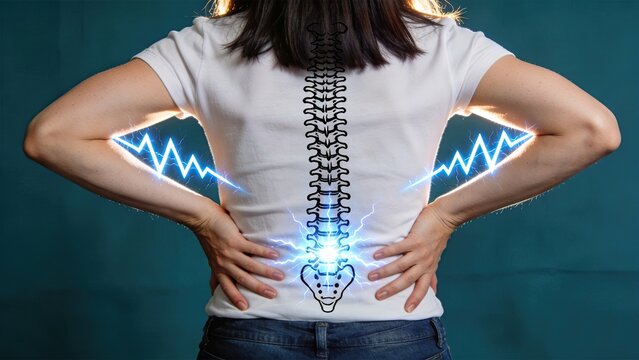 Woman holding lower back with glowing spine illustration showing chronic pain, sciatica nerve discomfort, lumbar region inflammation