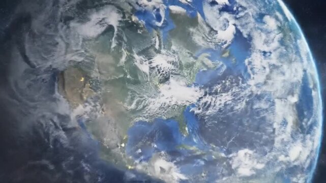 The Earth rotates slowly in space with white clouds covering its blue oceans and green landmasses.