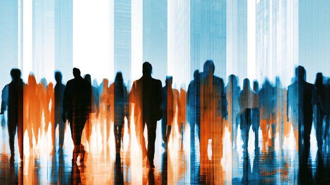 Blurry silhouettes of people walk through abstract city