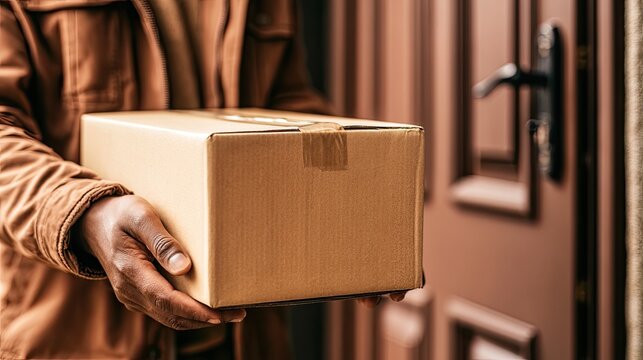 Hands hold brown cardboard box at a door