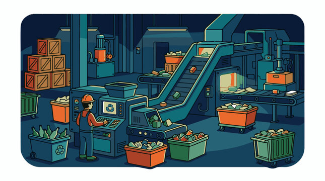 A worker operates a recycling facility's machinery surrounded by bins and conveyor belts