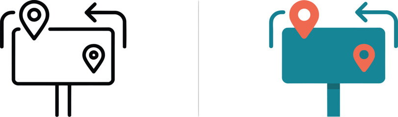Vector illustration of two location pointers on a signpost with directional arrows indicating navigation and travel route © Sahena Studio