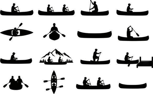 Canoe kayak paddler man woman lake mountain dock scenery silhouettes vector set isolated