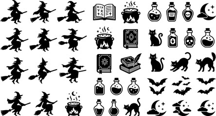 Naklejka premium Halloween icons including witches cats bats potions books and skulls on white background