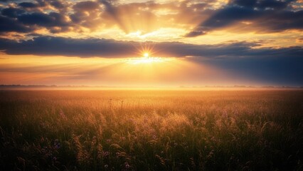 Naklejka premium Golden sunrise over a misty meadow with bright sunbeams.