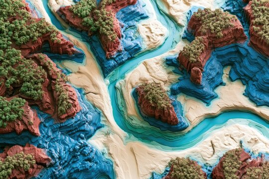 Aerial view of a detailed, miniature topographical model of a river system