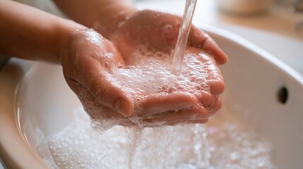 Fototapeta premium Wet, soapy hands cupped under running water in a white sink