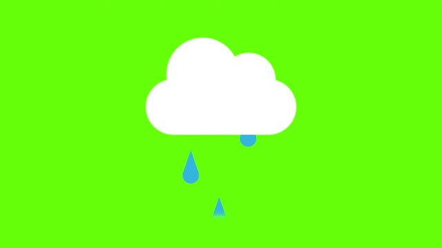 Animated weather icon of a rainy white cloud with blue raindrops falling against a green screen background