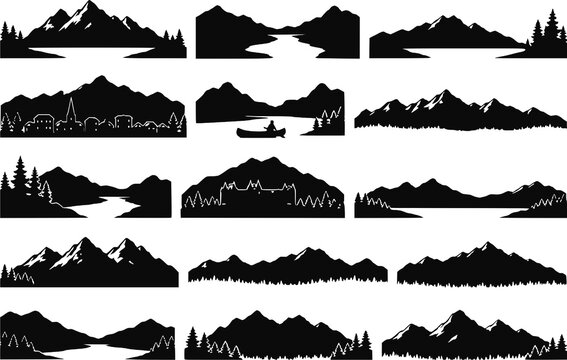 Canadian rocky mountain landscape lake river forest town hotel scenic silhouettes vector set isolated