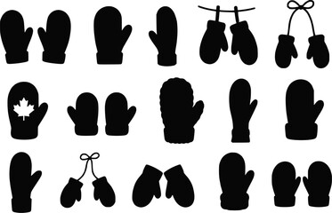 Winter mitten glove knit pair hanging maple leaf canada silhouettes vector set isolated © raccoontail