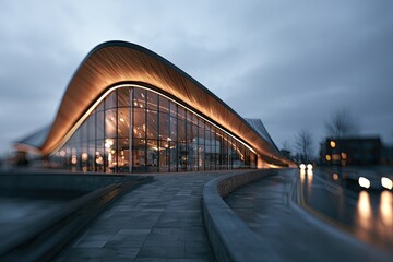 Fototapeta premium Modern architectural structure with curved, illuminated roof and glass facade at dusk