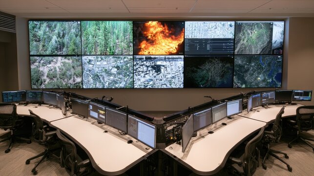 Command center with multiple screens displaying various data and surveillance feeds