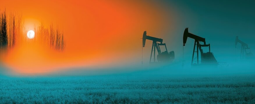 Silhouette pumpjacks in misty field against vibrant sunset and blue haze