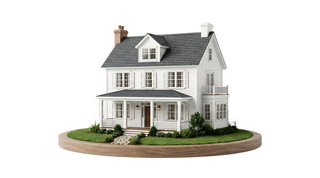 Miniature white house model with a dark roof on a circular wooden base surrounded by green grass, isolated on a white background