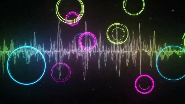 Vibrant neon circles and an abstract o waveform pulsate on a dark background