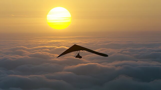 Hang glider soars above clouds at sunrise