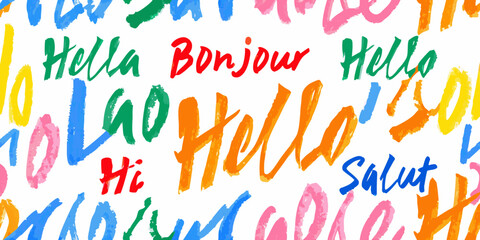 Colorful hand written greetings vector illustration with various language salutations © Tapan