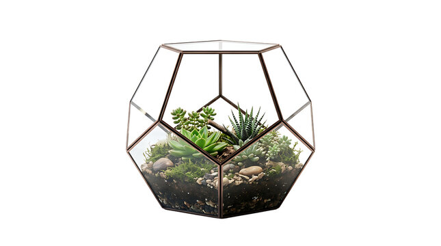 Pentagonal geometric glass terrarium with a dark metal frame featuring assorted succulent plants, moss, and decorative stones on white background