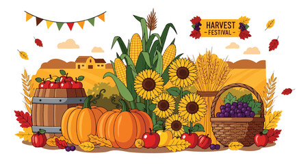 Colorful cartoon harvest scene with produce and festival banner © Franky