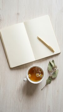 Open notebook with a gold pen, a cup of chamomile tea, and a eucalyptus branch on a light wooden background