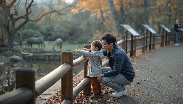 秋の動物園で木の柵にもたれて動物を見る親子