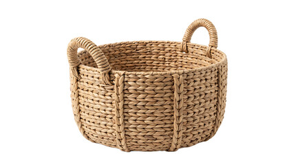 Fototapeta premium Round woven seagrass basket with reinforced side handles and vertical texture, isolated on a plain white background studio