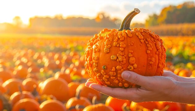 Orange pumpkin held in hand with autumn field background and sunlight